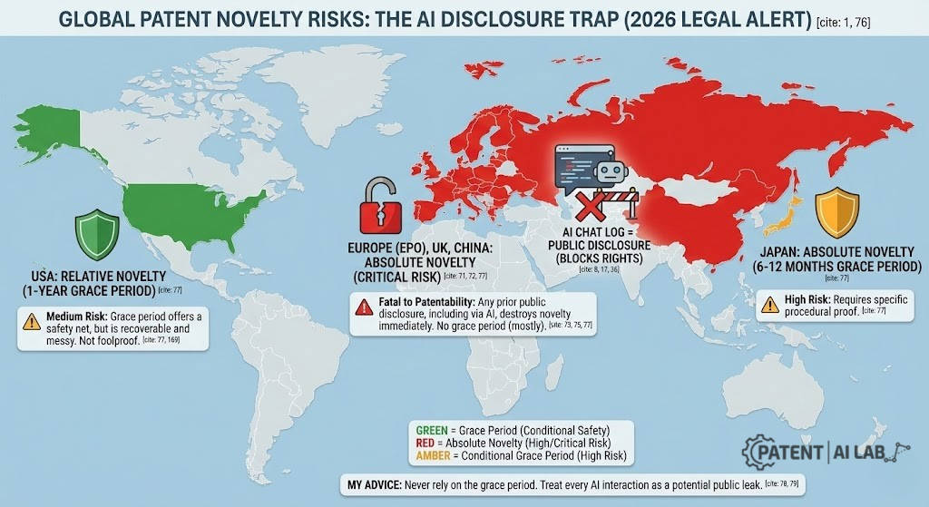 The AI Public Disclosure Trap: Does Drafting Patents with AI Kill Your Global Rights in 2026? 3 World map showing US patent grace period vs EU absolute novelty rules for AI disclosures