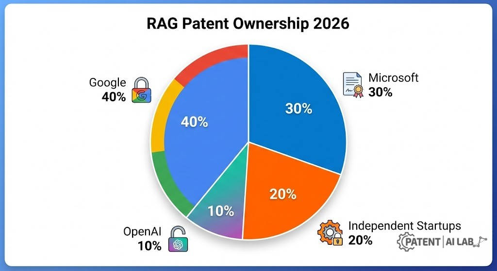 SearchGPT vs Google Market Share 2026: The RAG Patent War & Zero-Click Survival Guide 7 Pie chart analyzing who owns RAG technology patents and semantic search intellectual property 2026.