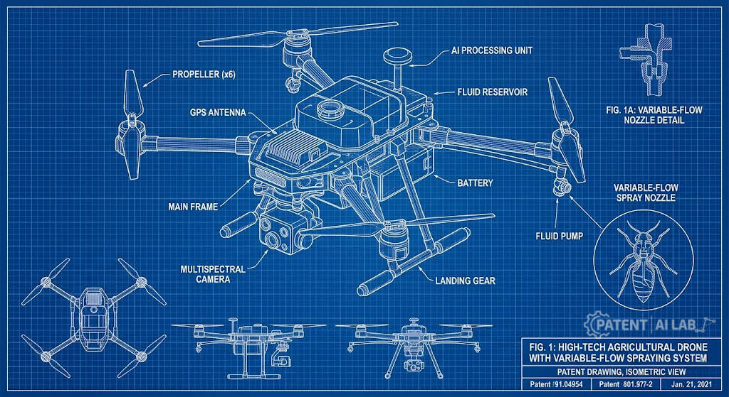 PatentPal vs Claude: Best AI for Provisional Patent Drafting (2026 Benchmark) 7 Blueprint illustration of an agricultural drone system with multispectral camera and fluid reservoir for patent claims