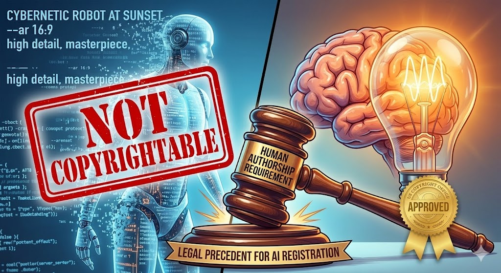 How to Copyright AI Art: The 2026 USCO Step-by-Step Guide 3 Human authorship vs AI authorship standard diagram for learning how to copyright AI art