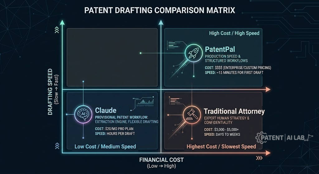 PatentPal vs Claude: Best AI for Provisional Patent Drafting (2026 Benchmark) 3 Matrix graph showing the cost versus drafting speed of PatentPal, Claude, and traditional patent attorneys