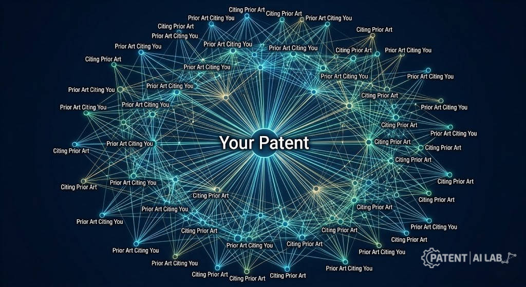 The AI Patent Success Rate 2026: Why 80% of Patents are Worthless Liabilities 7 Network node graph representing an AI patent forward citations analysis to measure prior art density and foundational value.