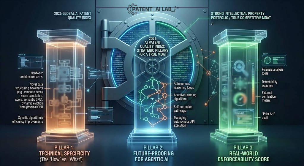 The AI Patent Success Rate 2026: Why 80% of Patents are Worthless Liabilities 8 Graphic displaying the three foundational pillars of the AI patent quality index 2026: specificity, future-proofing, and enforceability.