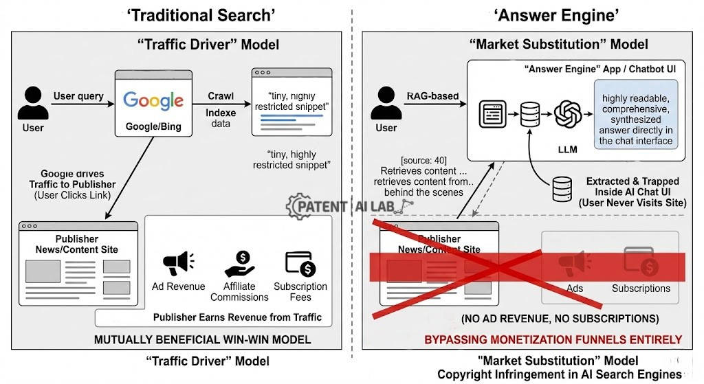 Perplexity Lawsuit 2026: The Legal Risks of Building RAG Apps 3 Flowchart comparing traditional search engine traffic routing to AI answer engine market substitution