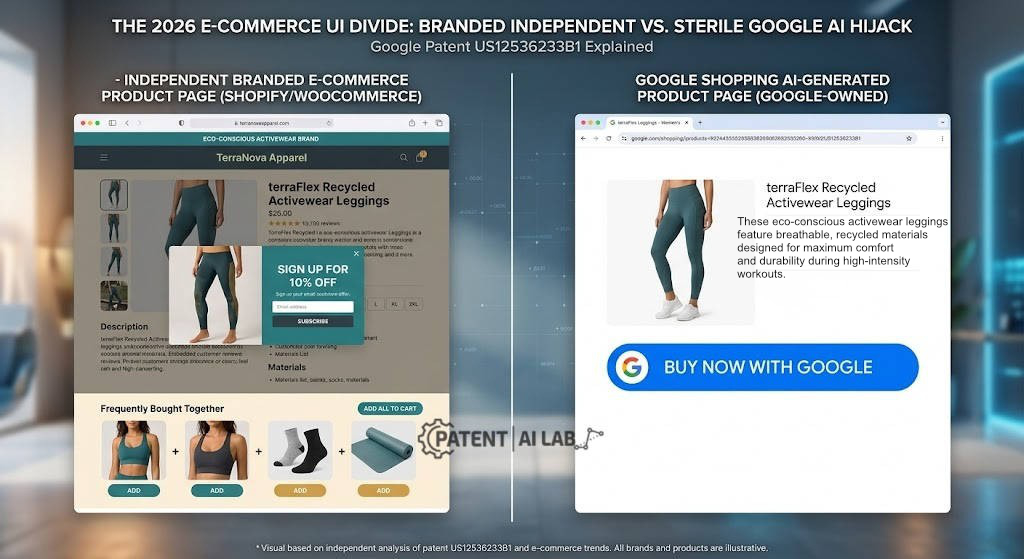 Google AI Landing Page Replacement: Technical Defense Against Patent US12536233B1 7 UI comparison showing a traditional e-commerce website versus a sterile Google AI-generated landing page