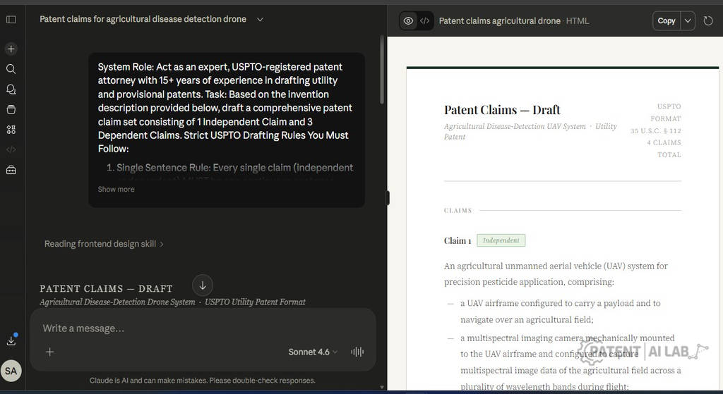 PatentPal vs Claude: Best AI for Provisional Patent Drafting (2026 Benchmark) 6 Claude Artifacts interface side-by-side view generating a formatted provisional patent claim for an agricultural drone.
