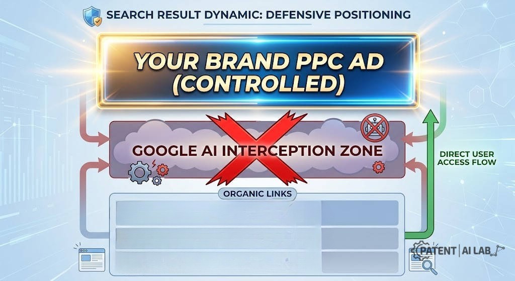 Google AI Landing Page Replacement: Technical Defense Against Patent US12536233B1 9 Diagram showing how defensive PPC brand bidding creates a shield against Google AI search result interception