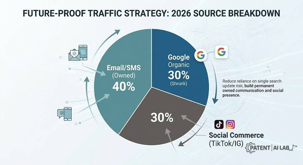 Google AI Landing Page Replacement: Technical Defense Against Patent US12536233B1 8 Pie chart illustrating a zero-click search e-commerce survival guide through traffic diversification