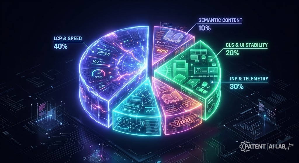 Google AI Landing Page Replacement: Technical Defense Against Patent US12536233B1 4 Pie chart detailing how Google landing page score works using LCP, INP, CLS, and browser telemetry