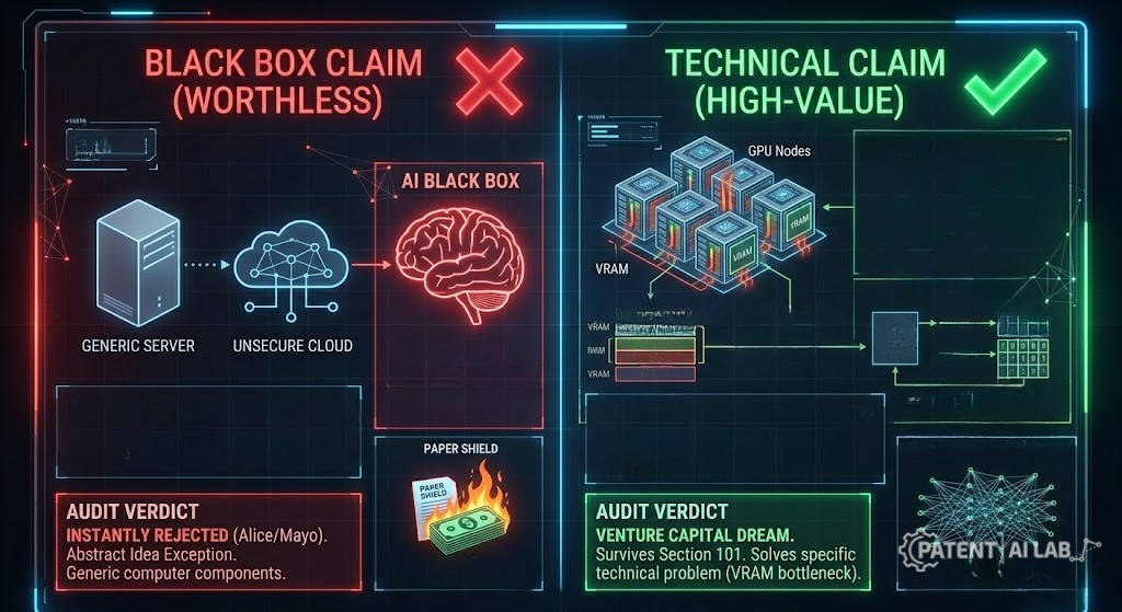 The AI Patent Success Rate 2026: Why 80% of Patents are Worthless Liabilities 4 Split-screen architectural diagram demonstrating how to write a strong AI patent in 2026 by moving from black-box to technical claims.