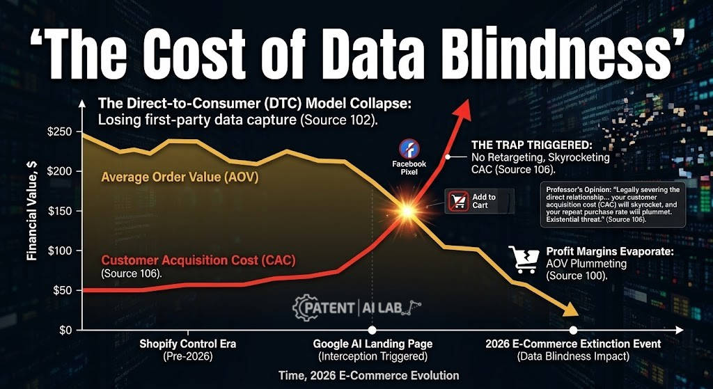 Google AI Landing Page Replacement: Technical Defense Against Patent US12536233B1 6 Financial graph showing the negative impact of Google AI on Shopify stores through rising CAC and dropping AOV