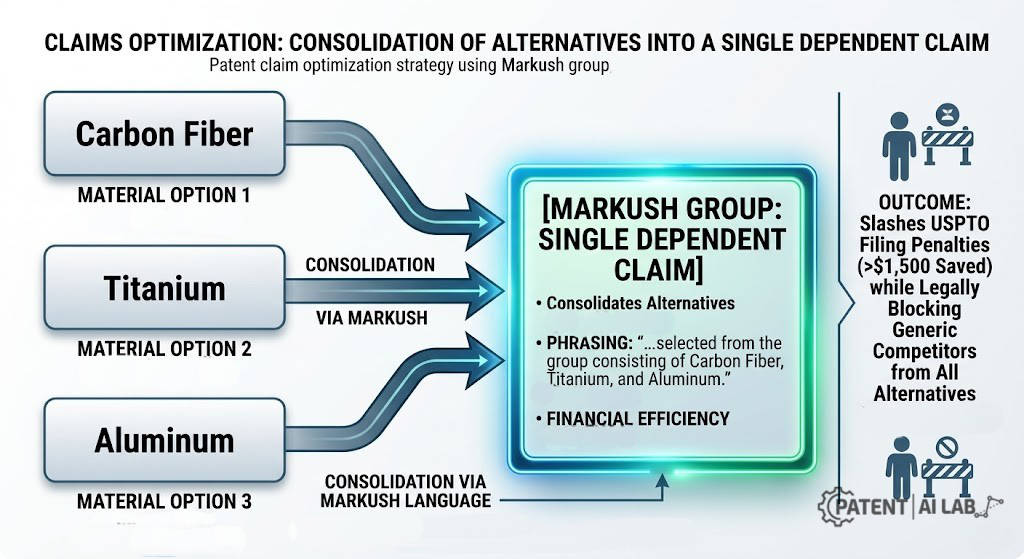 The 2026 Patent Claim Optimization Strategy: How to Avoid the USPTO Excess Claim Fee Trap 5 Flowchart demonstrating how a Markush group consolidates multiple materials into a single dependent patent claim