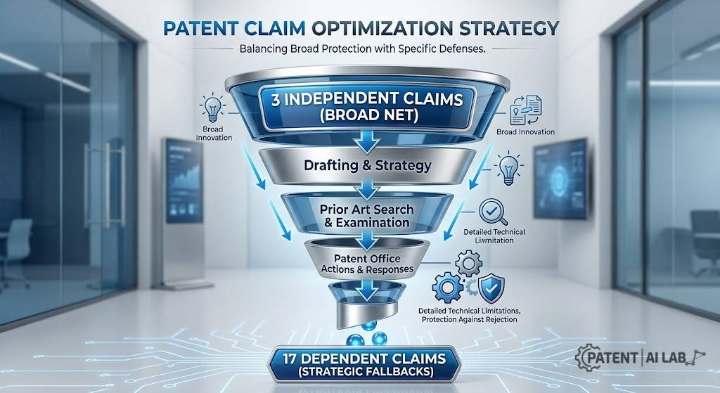 The 2026 Patent Claim Optimization Strategy: How to Avoid the USPTO Excess Claim Fee Trap 4 Patent claim scoping funnel diagram showing 3 broad independent claims and 17 narrow dependent claims