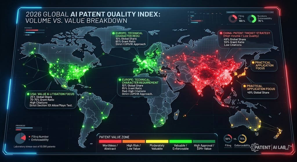 The AI Patent Success Rate 2026: Why 80% of Patents are Worthless Liabilities 6 Global map illustrating patent thickets in artificial intelligence and the difference between volume-driven vs quality-driven IP strategies.