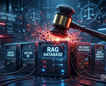 Perplexity Lawsuit 2026: The Legal Risks of Building RAG Apps 1 Perplexity Lawsuit 2026 : Conceptual illustration of a legal gavel striking a server representing the legal risks of building RAG apps for AI startups
