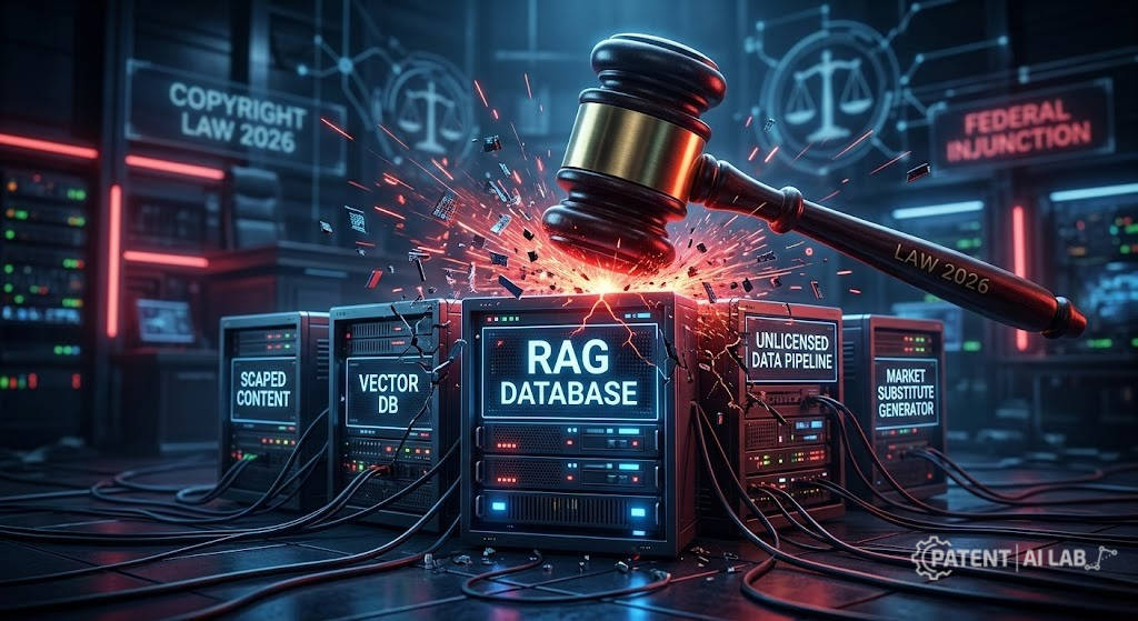 Perplexity Lawsuit 2026: The Legal Risks of Building RAG Apps 2 Perplexity Lawsuit 2026 : Conceptual illustration of a legal gavel striking a server representing the legal risks of building RAG apps for AI startups