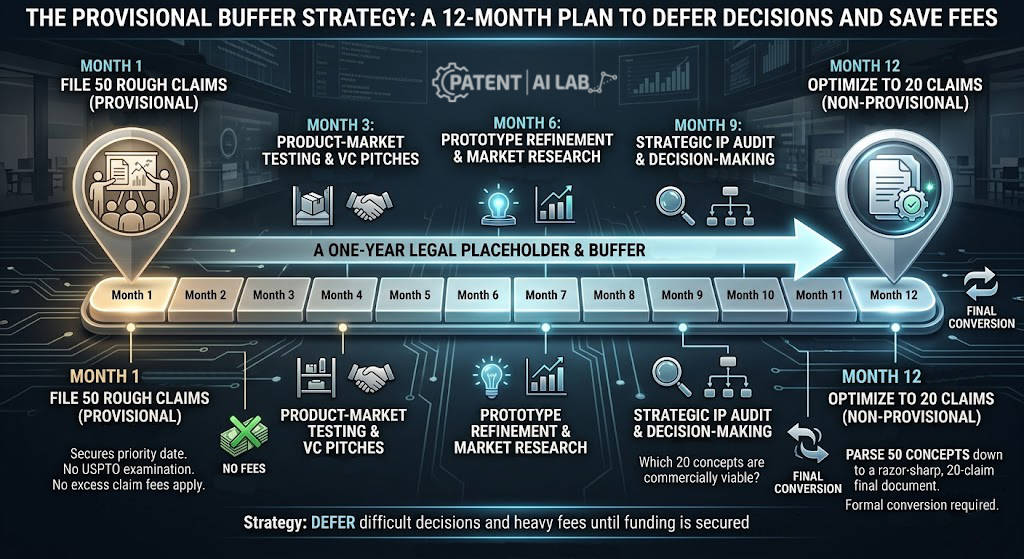 The 2026 Patent Claim Optimization Strategy: How to Avoid the USPTO Excess Claim Fee Trap 10 Timeline diagram showing a 50-claim provisional patent application buffering into a 20-claim non-provisional filing
