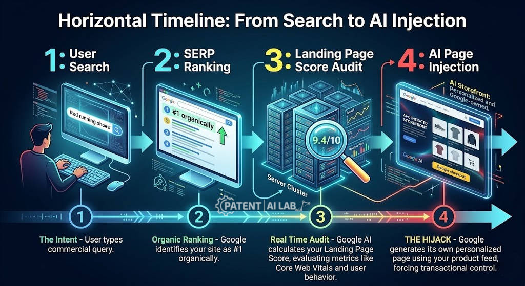 Google AI Landing Page Replacement: Technical Defense Against Patent US12536233B1 3 Timeline infographic explaining the real-time product feed injection and Google AI search result interception protocol