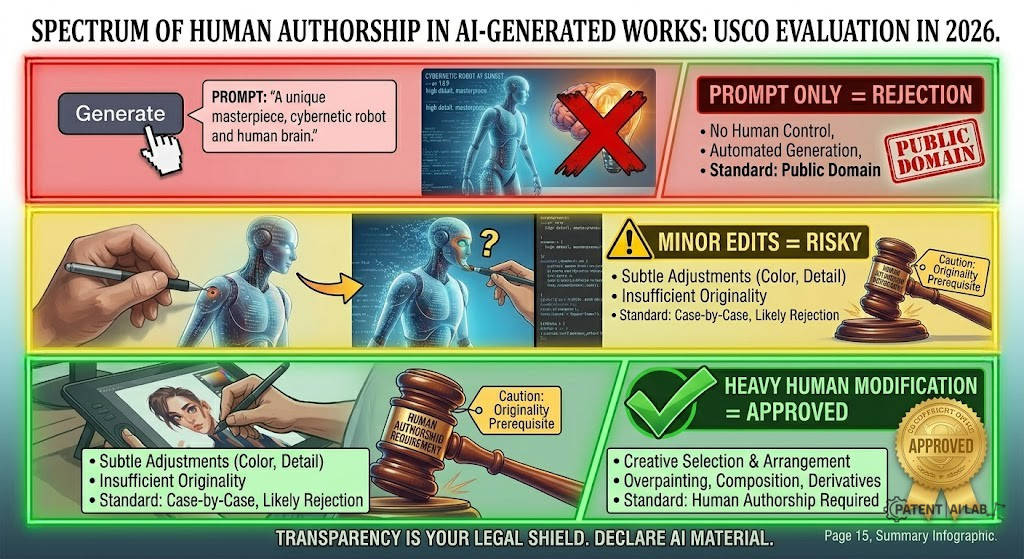 How to Copyright AI Art: The 2026 USCO Step-by-Step Guide 6 Color coded spectrum chart showing registration outcomes based on depth of human modification to AI generated content