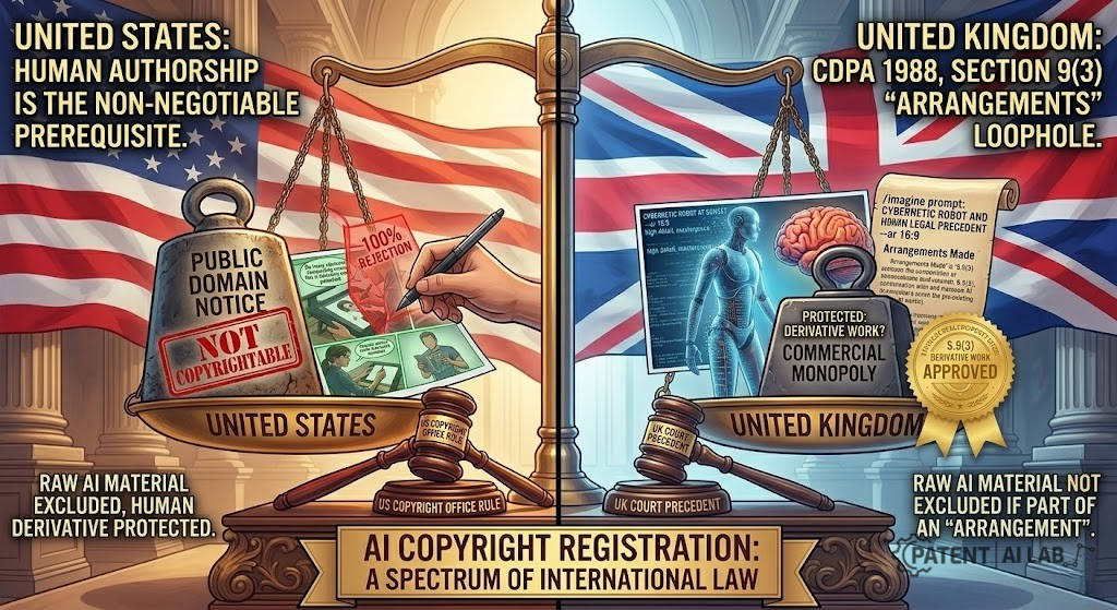 How to Copyright AI Art: The 2026 USCO Step-by-Step Guide 9 Side by side comparison of US human authorship requirements and UK CDPA Section 9(3) computer generated works