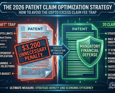 The 2026 Patent Claim Optimization Strategy: How to Avoid the USPTO Excess Claim Fee Trap 1 Conceptual graphic illustrating the $3,200 penalty for USPTO excess claim fees versus a 20-claim optimized patent strategy