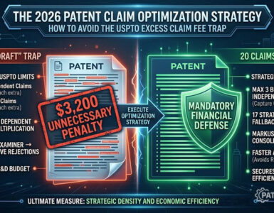 The 2026 Patent Claim Optimization Strategy: How to Avoid the USPTO Excess Claim Fee Trap 6 Conceptual graphic illustrating the $3,200 penalty for USPTO excess claim fees versus a 20-claim optimized patent strategy