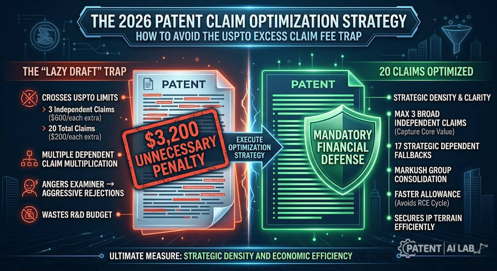 The 2026 Patent Claim Optimization Strategy: How to Avoid the USPTO Excess Claim Fee Trap 2 Conceptual graphic illustrating the ,200 penalty for USPTO excess claim fees versus a 20-claim optimized patent strategy
