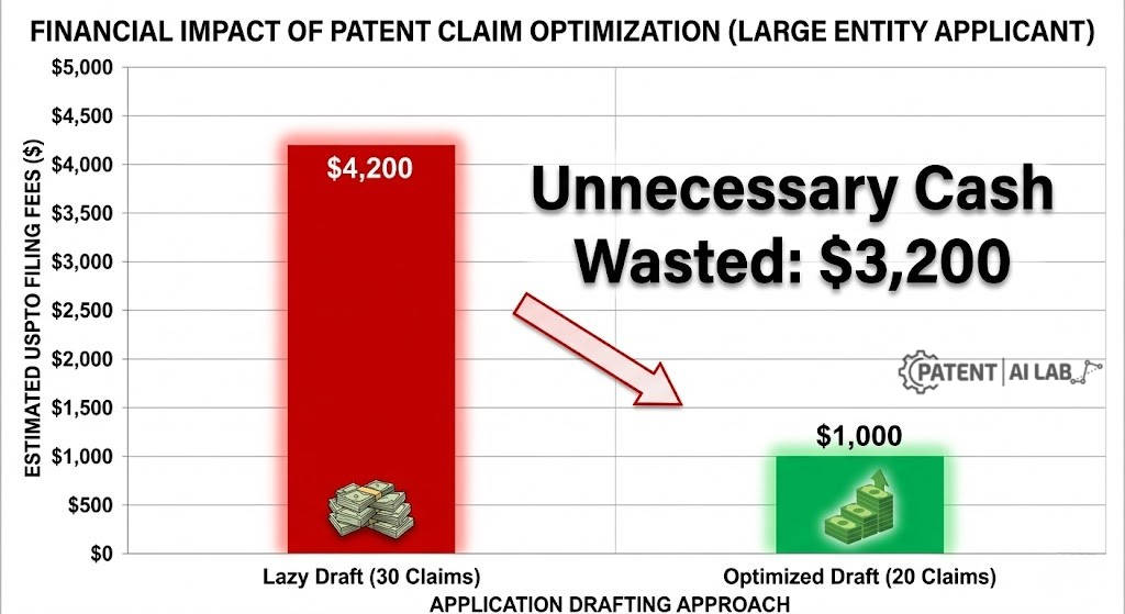 The 2026 Patent Claim Optimization Strategy: How to Avoid the USPTO Excess Claim Fee Trap 3 Bar chart comparing the ,200 cost of a lazy patent draft versus the ,000 cost of an optimized draft