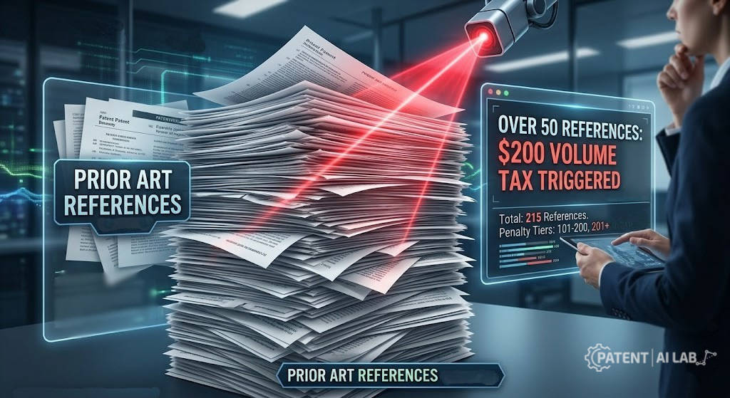 The 2026 Patent Claim Optimization Strategy: How to Avoid the USPTO Excess Claim Fee Trap 8 Graphic highlighting the USPTO Information Disclosure Statement volume tax for submitting over 50 prior art references