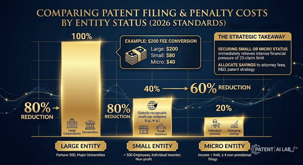 The 2026 Patent Claim Optimization Strategy: How to Avoid the USPTO Excess Claim Fee Trap 9 Bar graph comparing USPTO patent fee discounts for Large Entities, Small Entities, and Micro Entities
