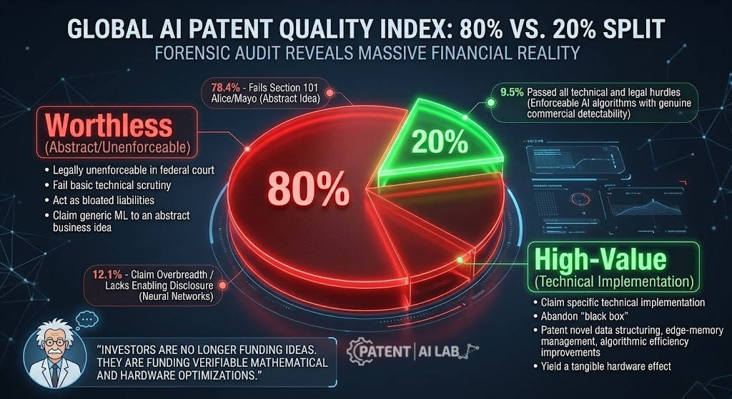 The AI Patent Success Rate 2026: Why 80% of Patents are Worthless Liabilities 3 3D pie chart showing the stark difference between valuable vs worthless AI patents in the 2026 global market.